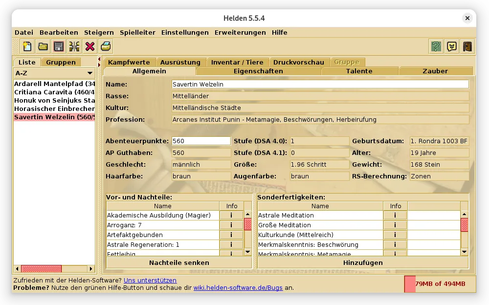 Hauptfenster - Übersicht eines Helden