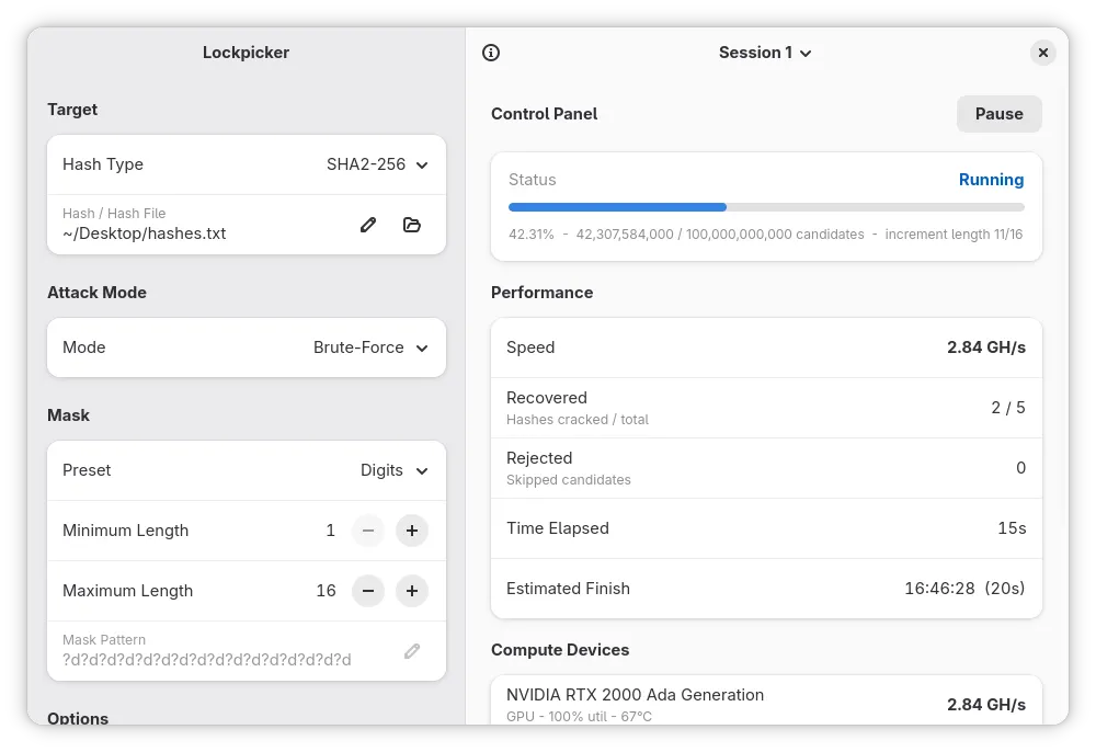 Recover passwords from a hash using lockpicker