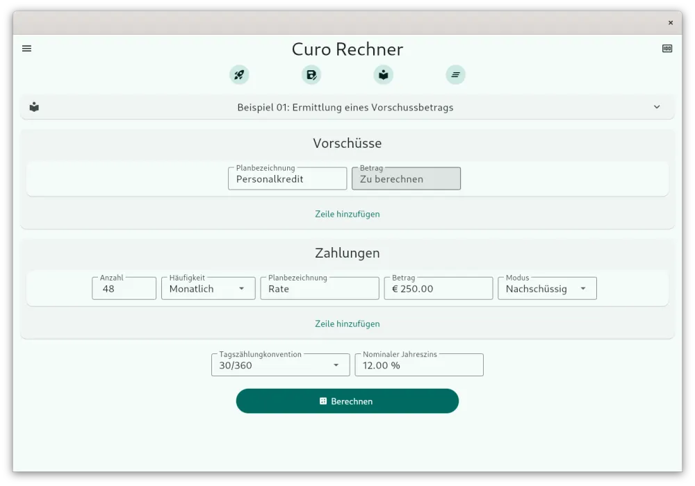 Eingabebildschirm für Berechnungen