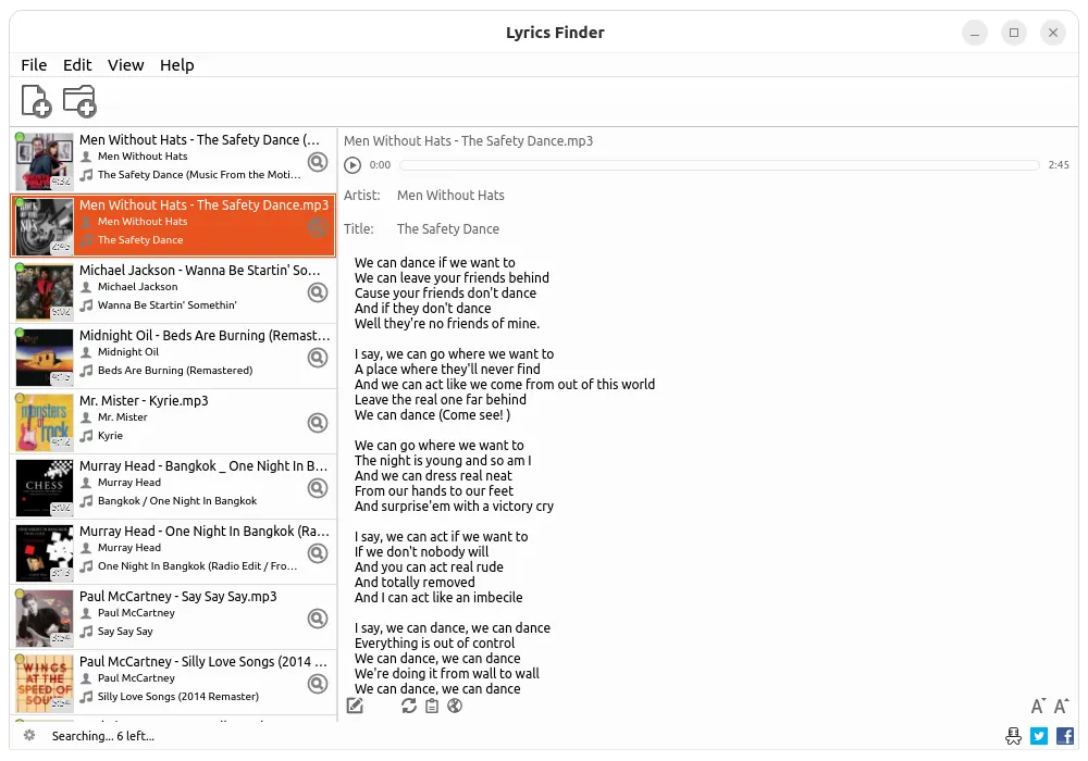 Viewing lyrics for a selected track