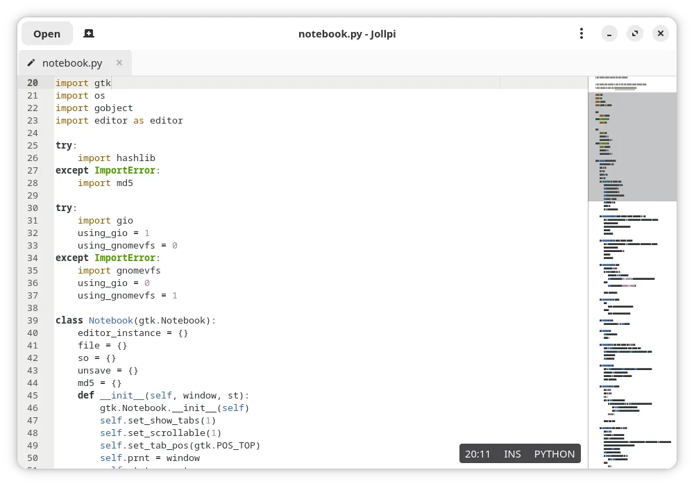 Editing source code with syntax highlighting on GNOME.