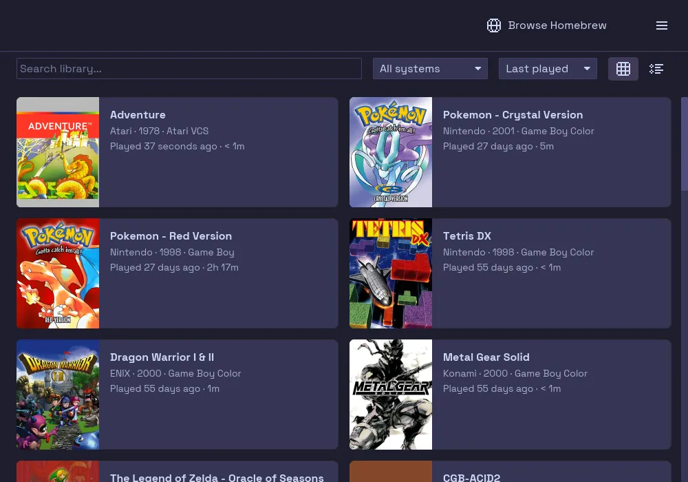 Game library with cover art and play history