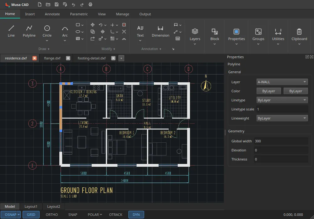 The ribbon, drawing tabs and Properties palette with a wall of a house plan selected