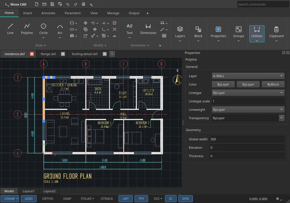 The ribbon, drawing tabs and Properties palette with a wall of a house plan selected