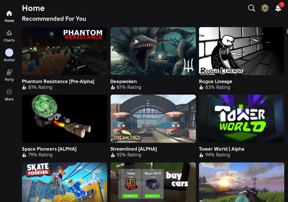 Roblox home page showcasing a wide array of experiences