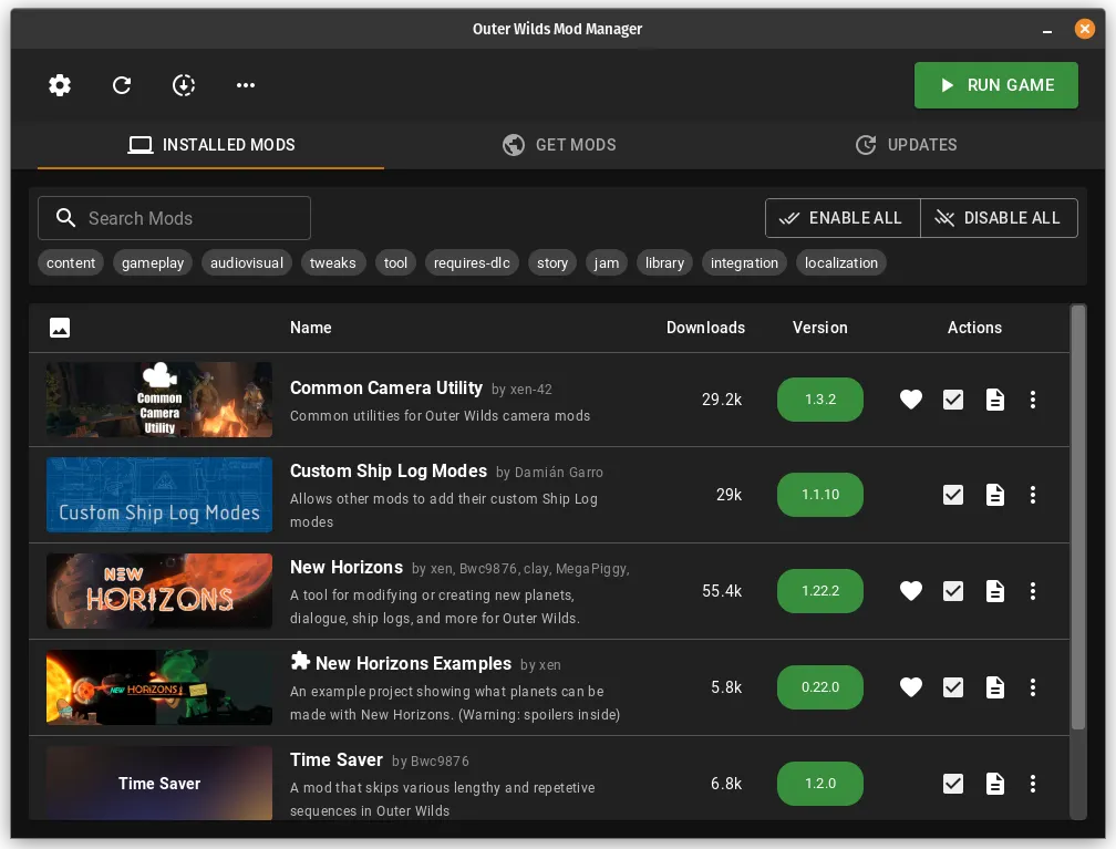 The main view of the manager, several mods are listed as being installed