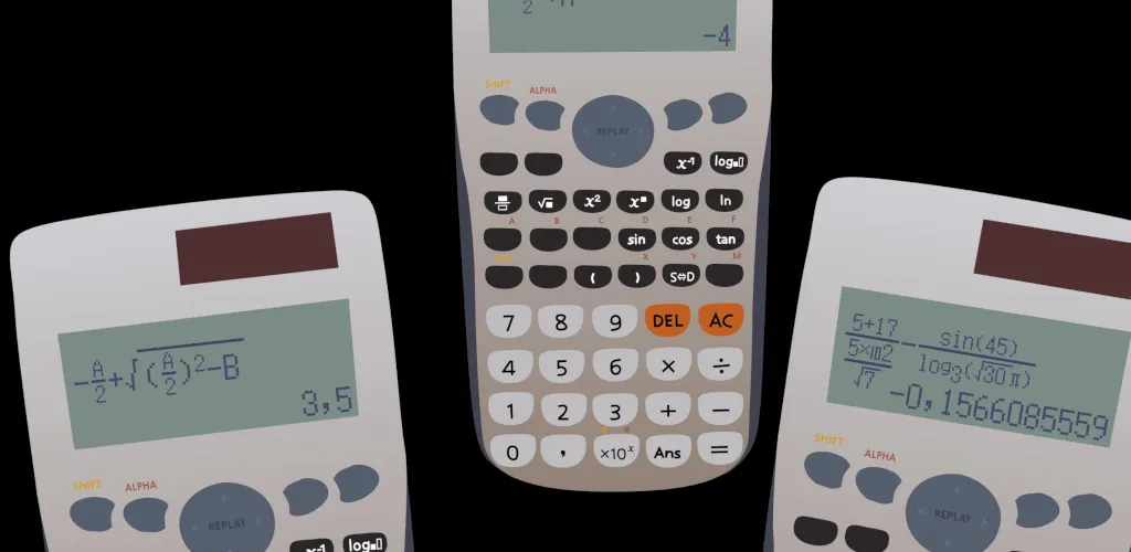 Three scientific calculators on a black background, each showing a mint-green display and rows of buttons in shades of gray with orange accents