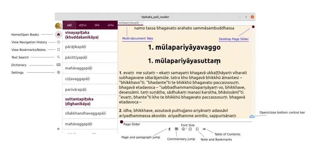 Main interface of Tipitaka Pali Reader