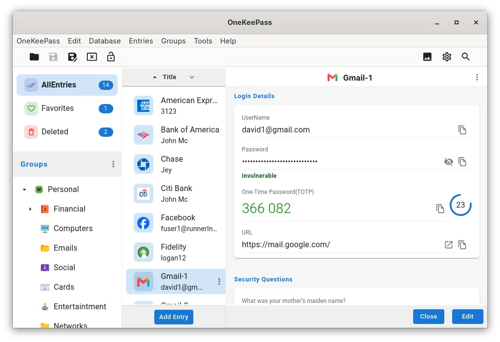Browsing a database with an entry's details and a live one-time password