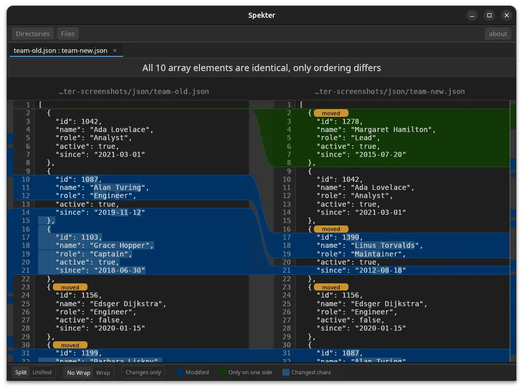 Reordered JSON elements are flagged as moved, not as real changes
