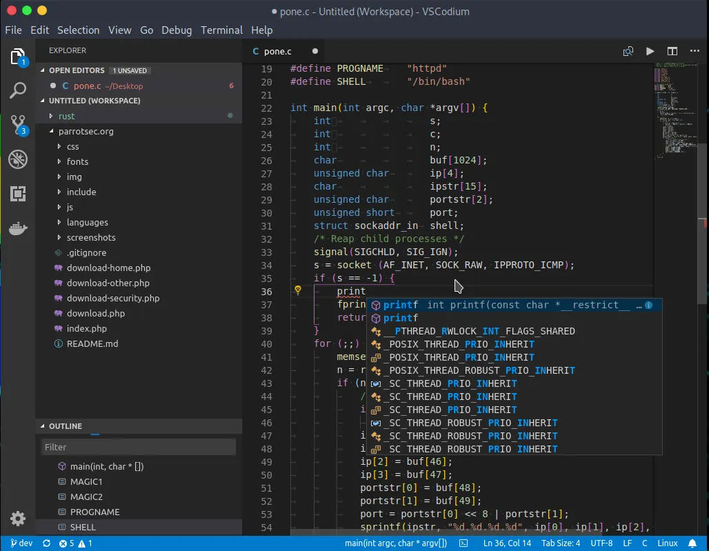 Editing file C in Codium