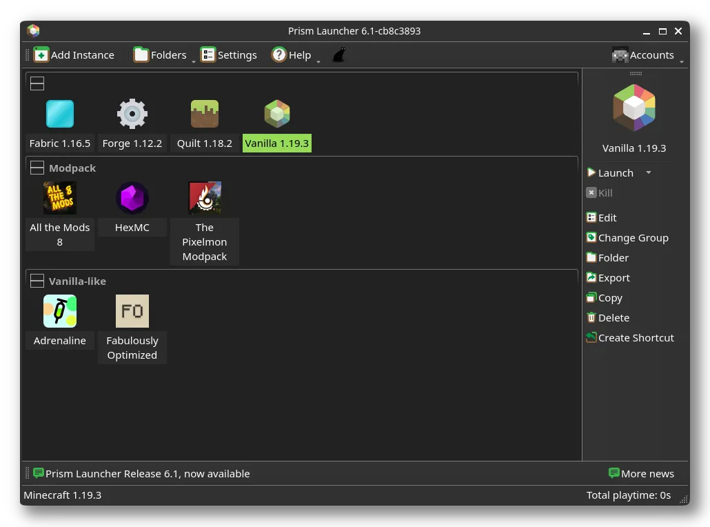 The main Prism Launcher window
