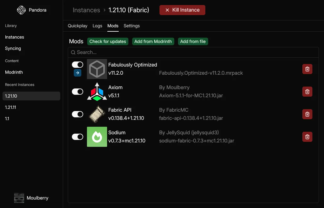 Pandora launcher with the instance settings open