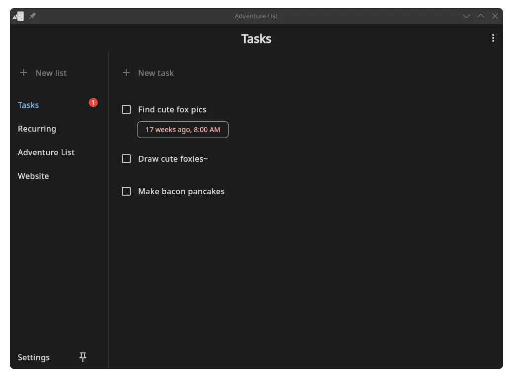 The main screen of Adventure List