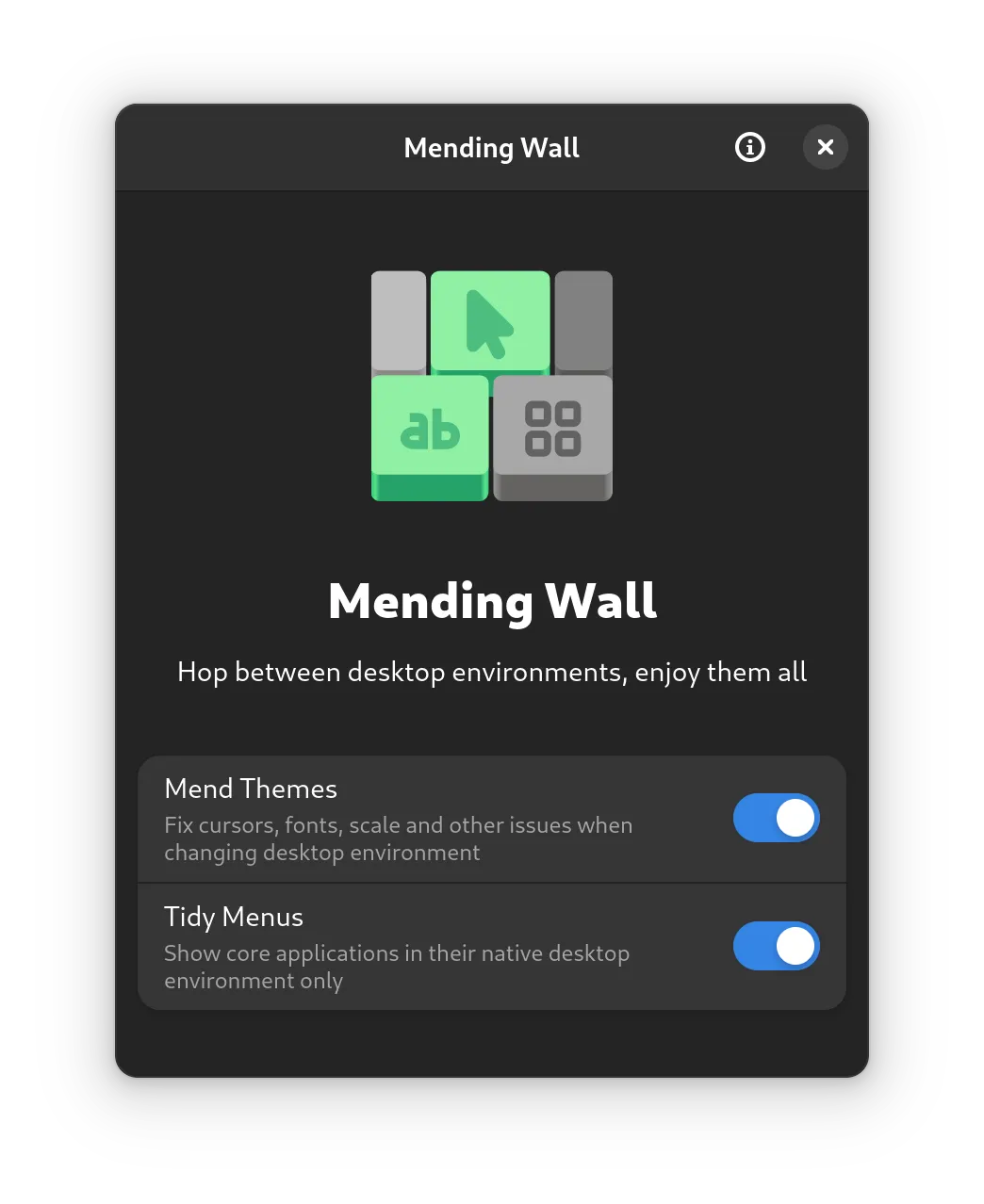 Mending Wall application, dark mode.