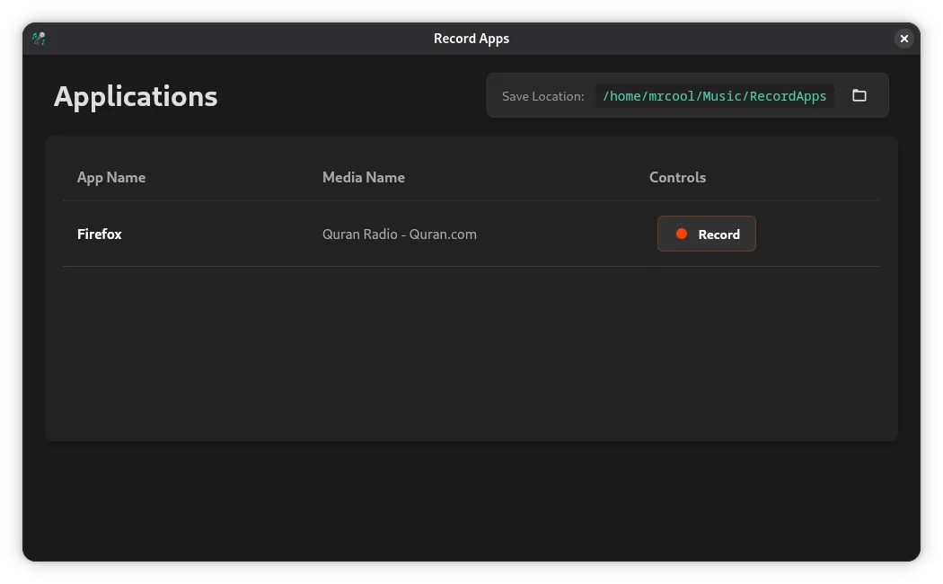 Record Apps main window showing the list of applications to record