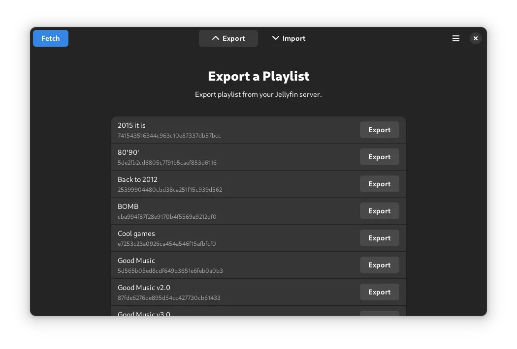 The main Playlifin Voyager export window