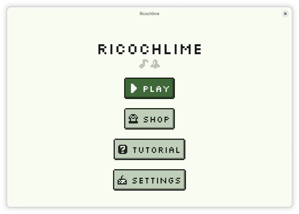 Main menu with quick volume controls and navigation to play, shop, tutorial, and settings.
