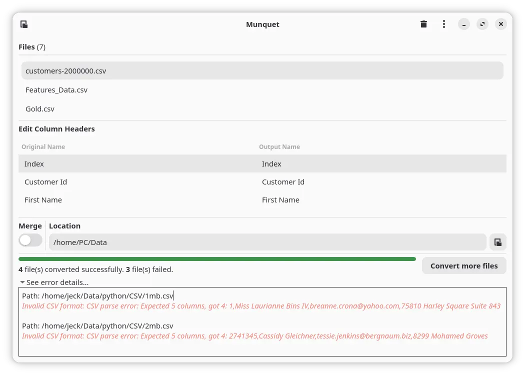 Dataset conversion with column mapping and error handling