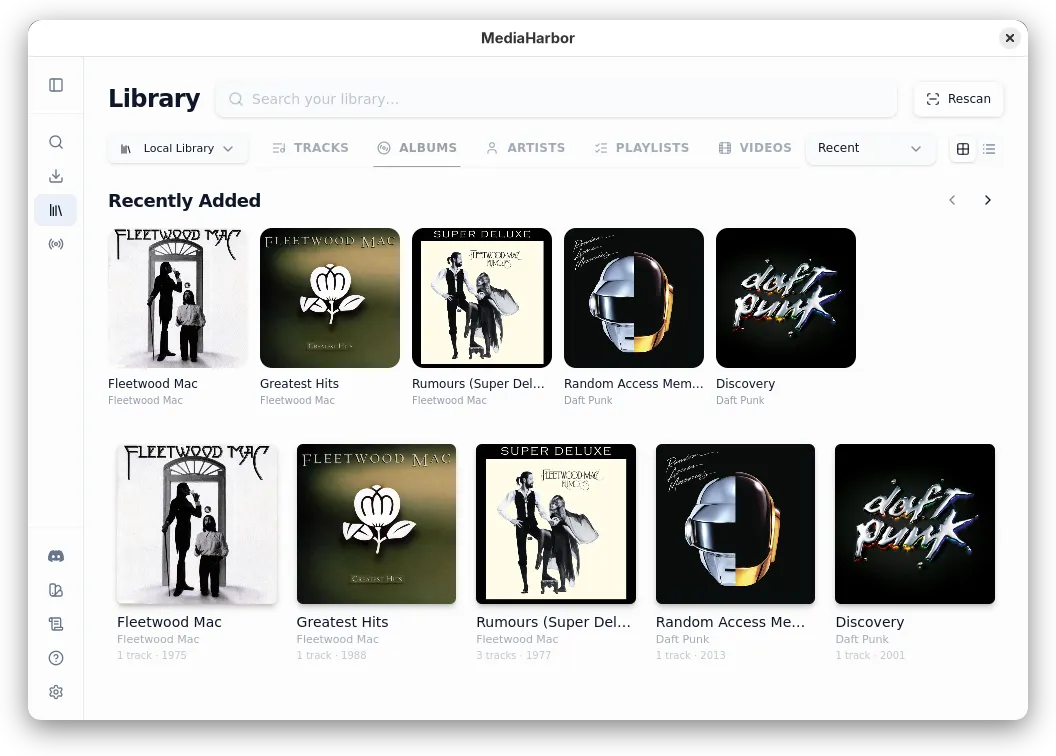 Local music library with albums and cover art