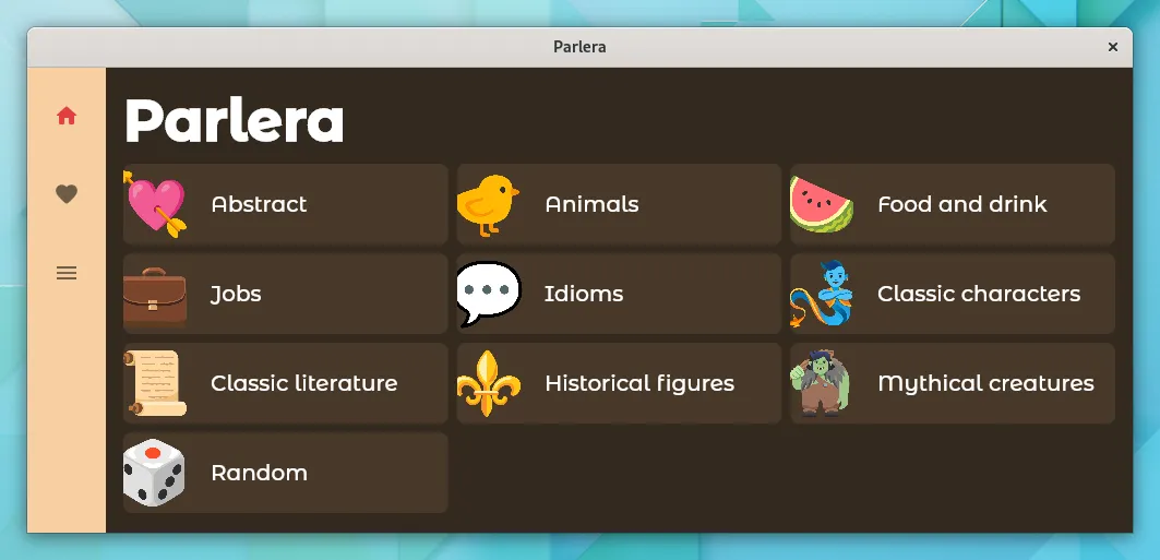 Home screen listing the different word categories