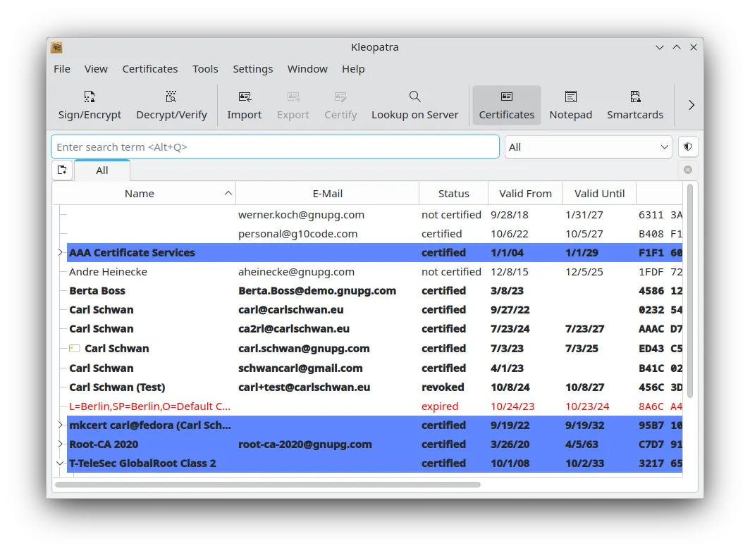 Certificate overview in Kleopatra