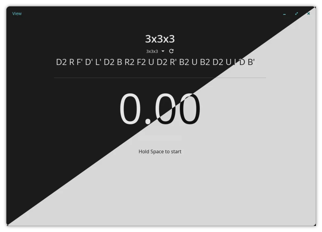 Main app view with scramble and timer. Hold Space to start.