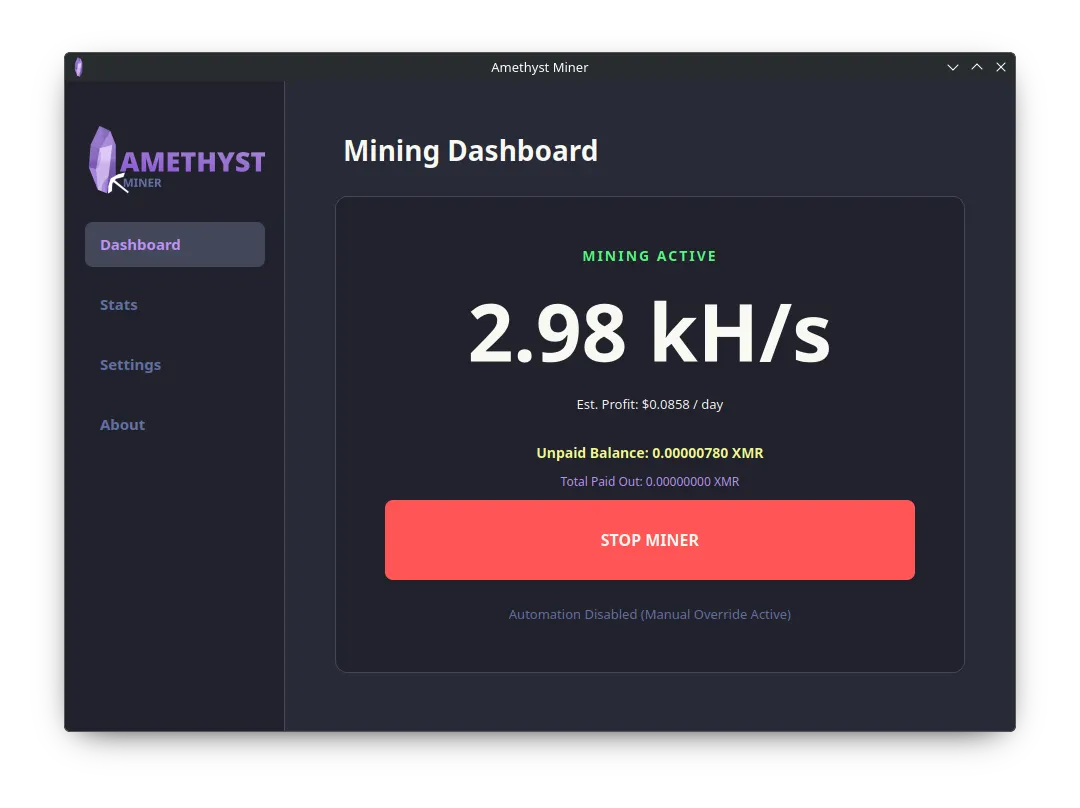The main Amethyst Miner active dashboard