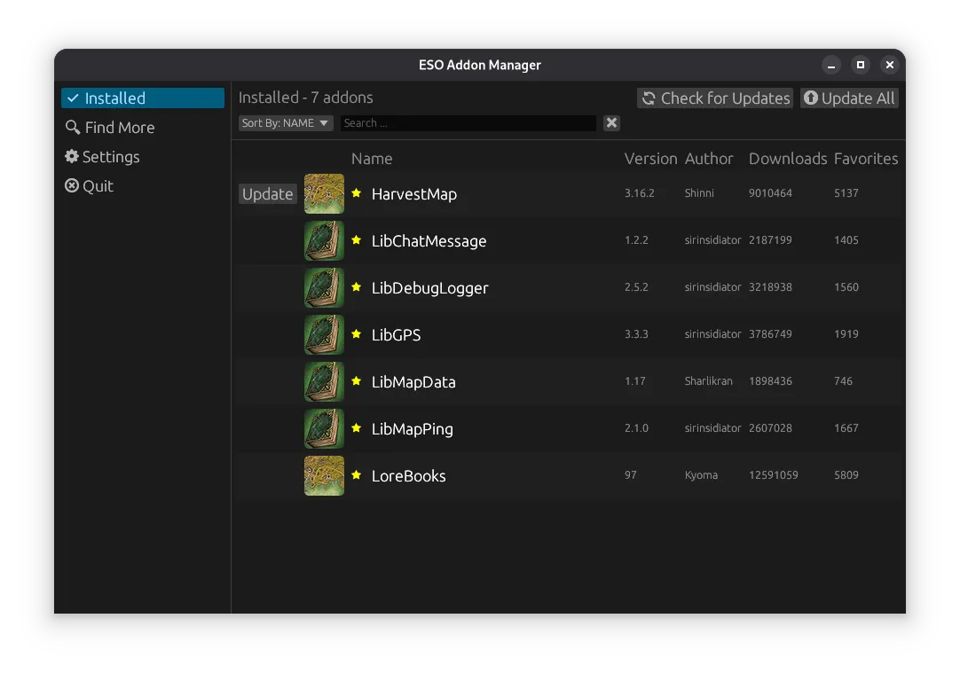 Main view showing installed addons