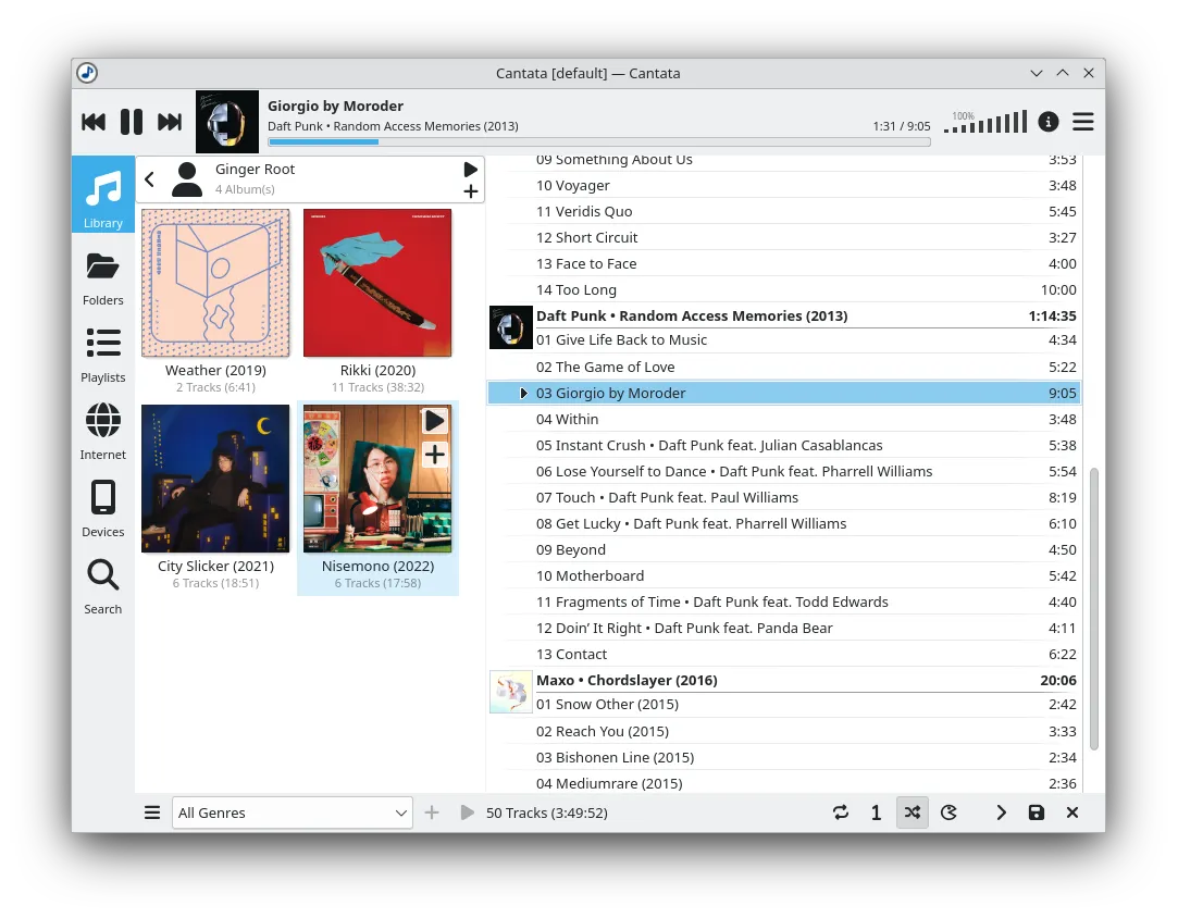 A playlist is open on the right, with some albums to add on the left.