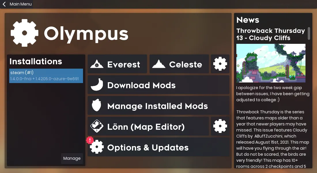 Main screen of Olympus