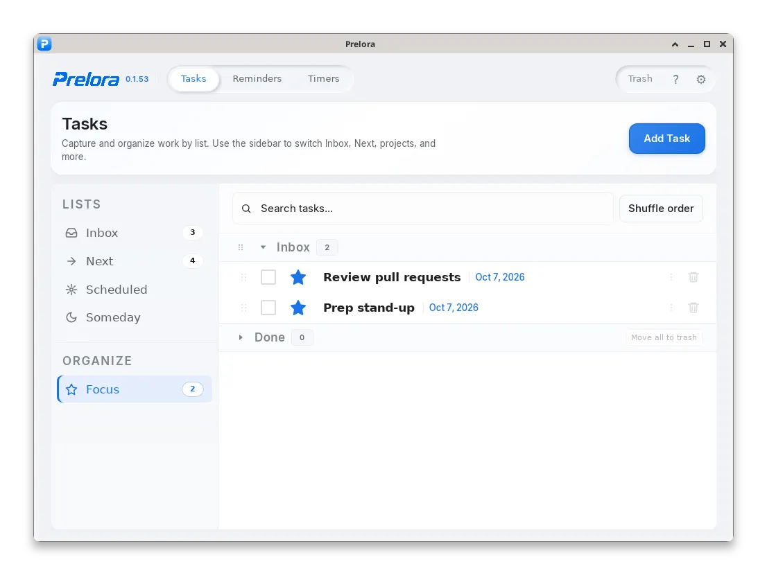 GTD task lists with Inbox, Next, and Focus