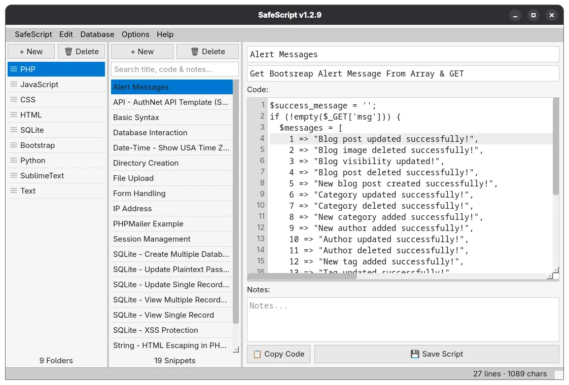 SafeScript in light mode showing code snippets