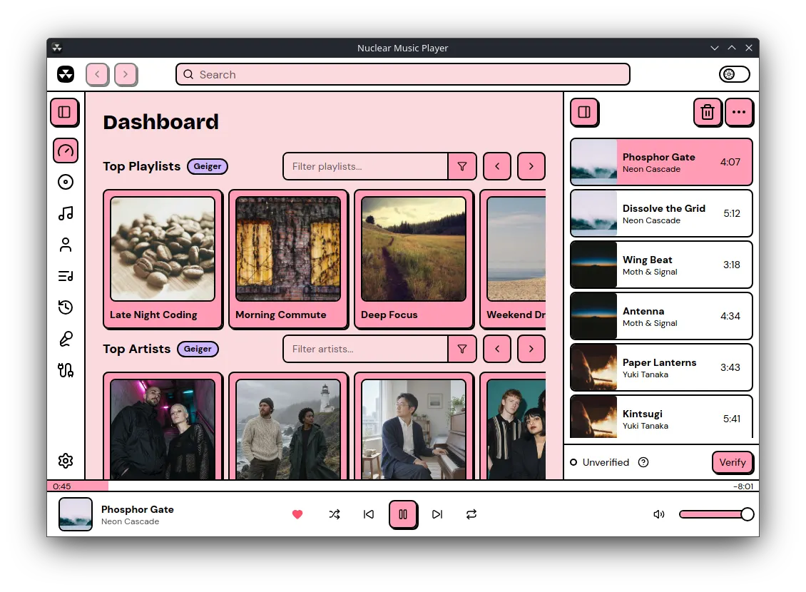 Browse top playlists and artists while your queue plays