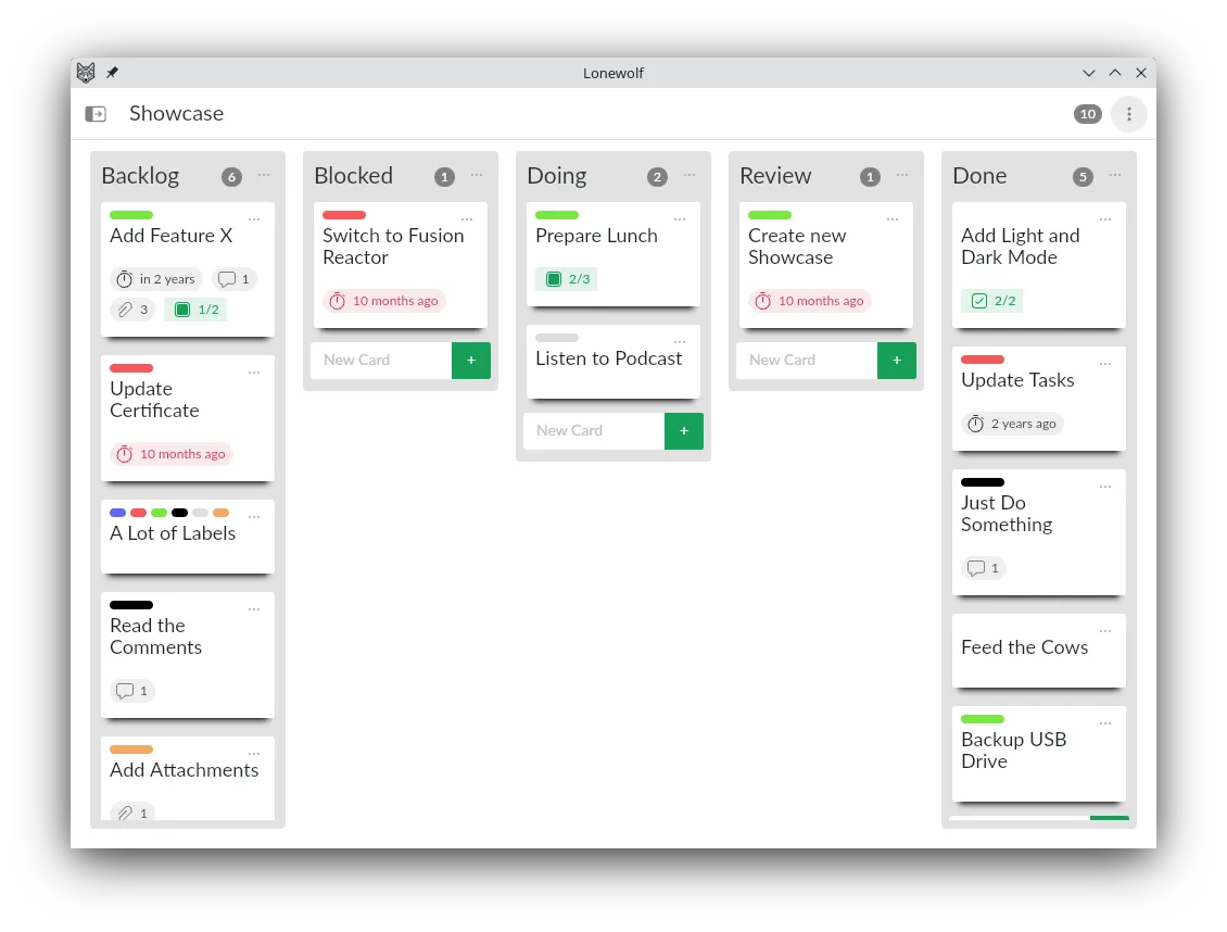 Lonewolf's main project view (light mode).