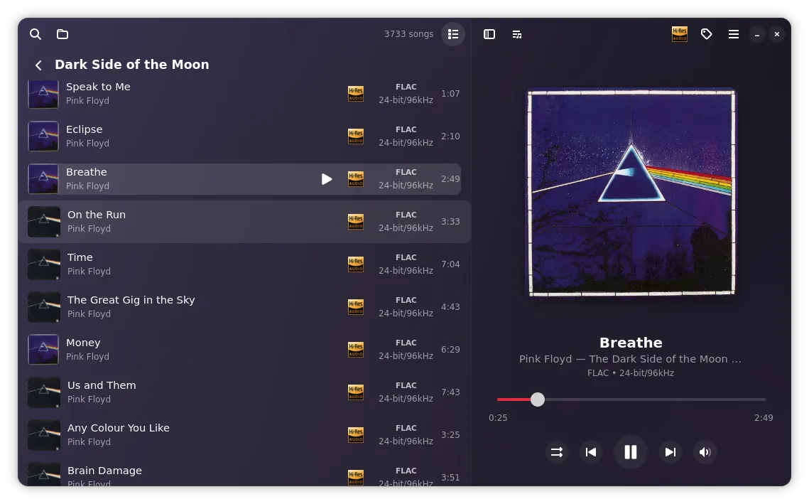 Browsing a Hi-Res FLAC folder in list view