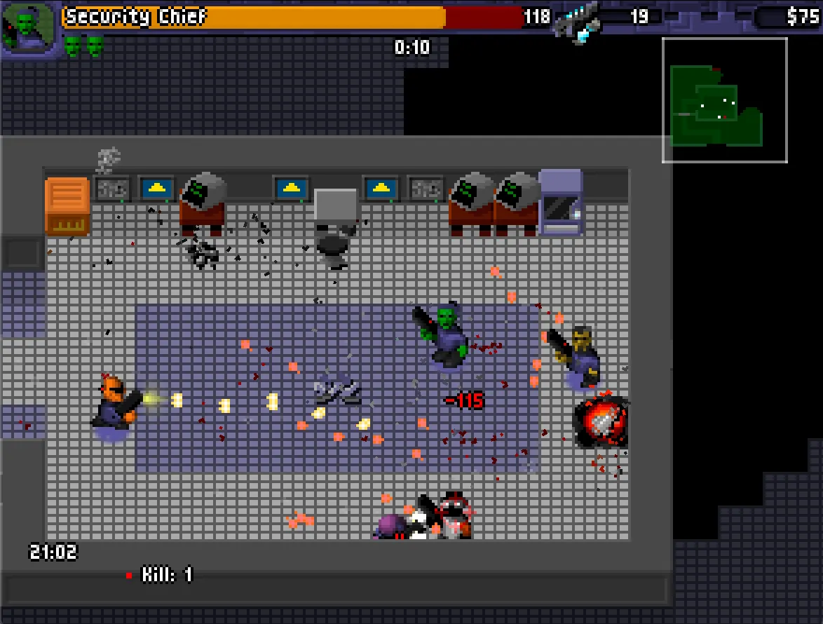 A player shooting bullets inside a computer room