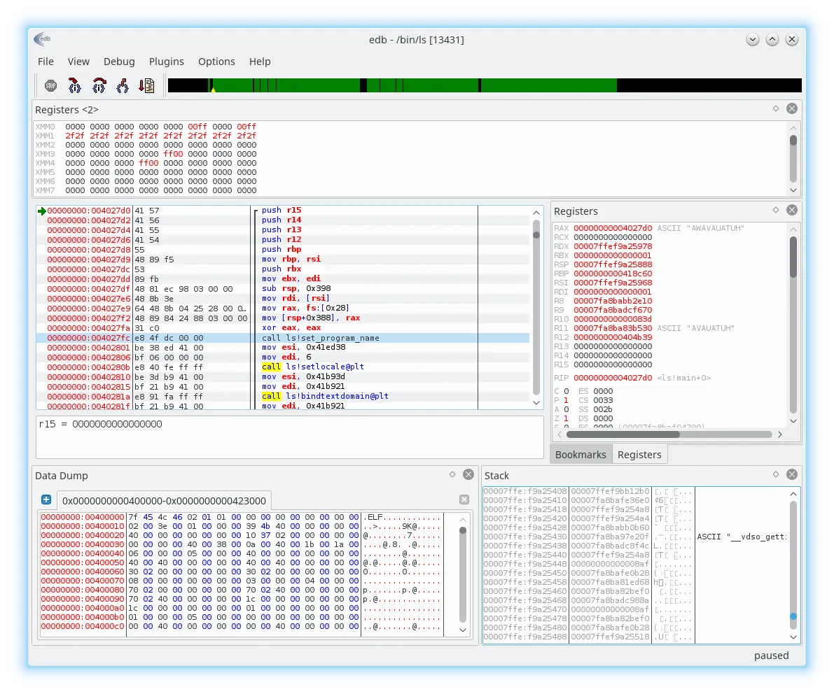 Main Window, with disassembly, data, stack and registers