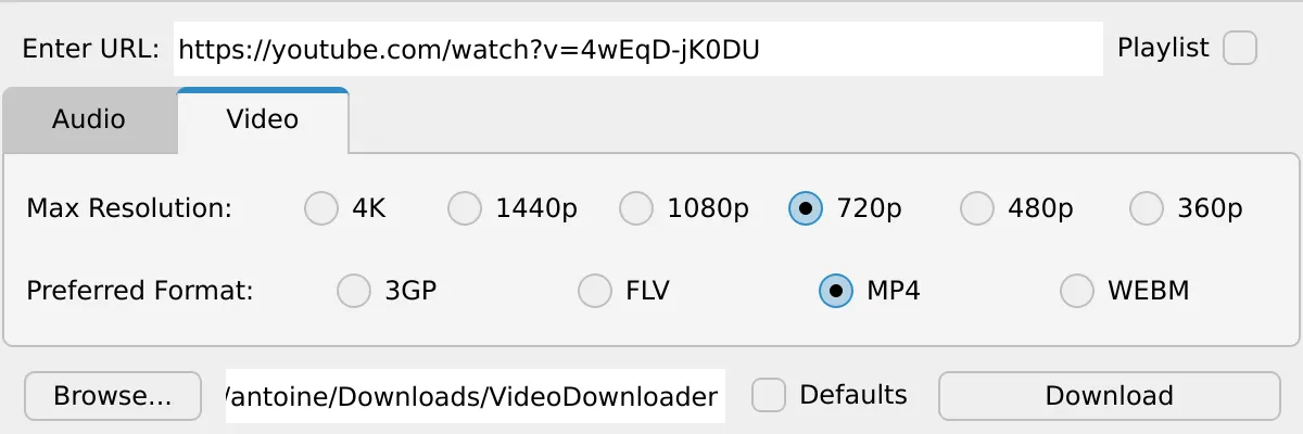 The main window of the app. (Video tab)