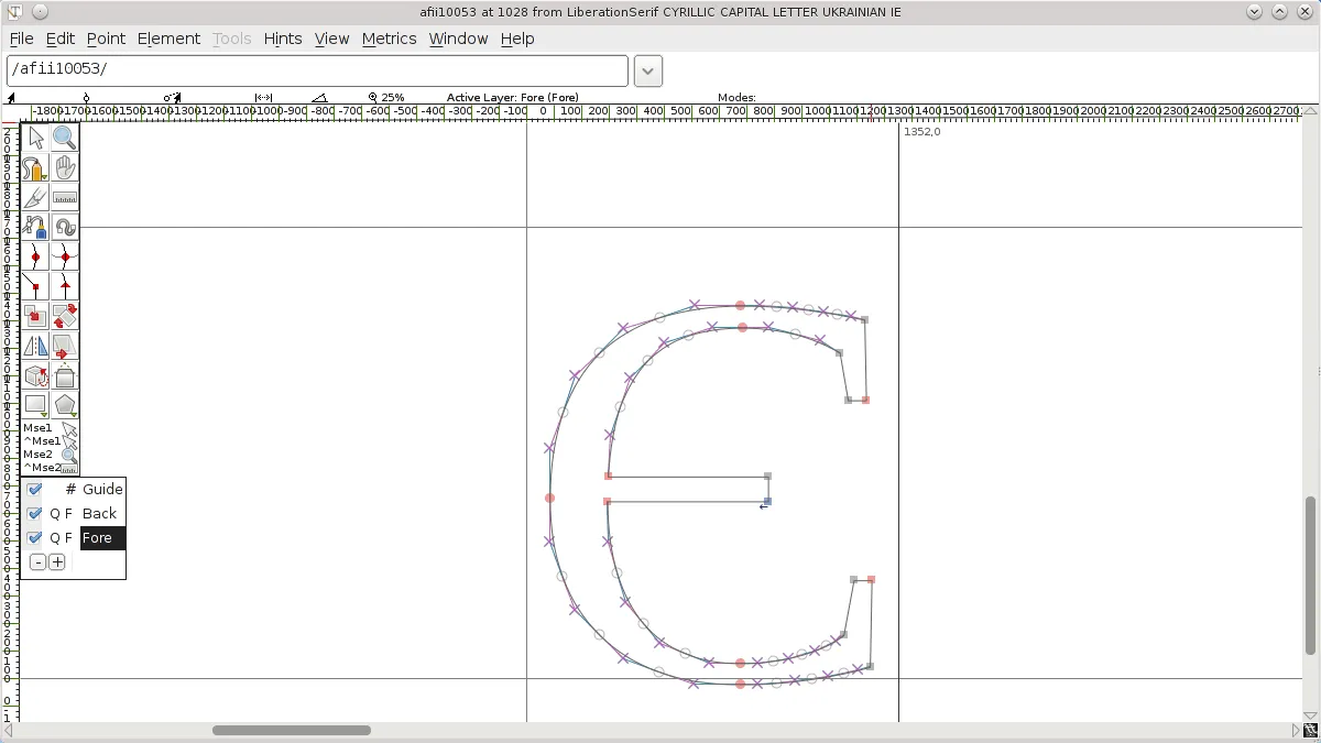 Fontforge showing a glyph being edited