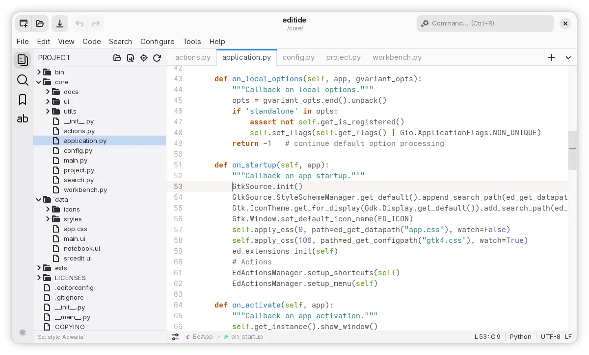 Project view, light theme