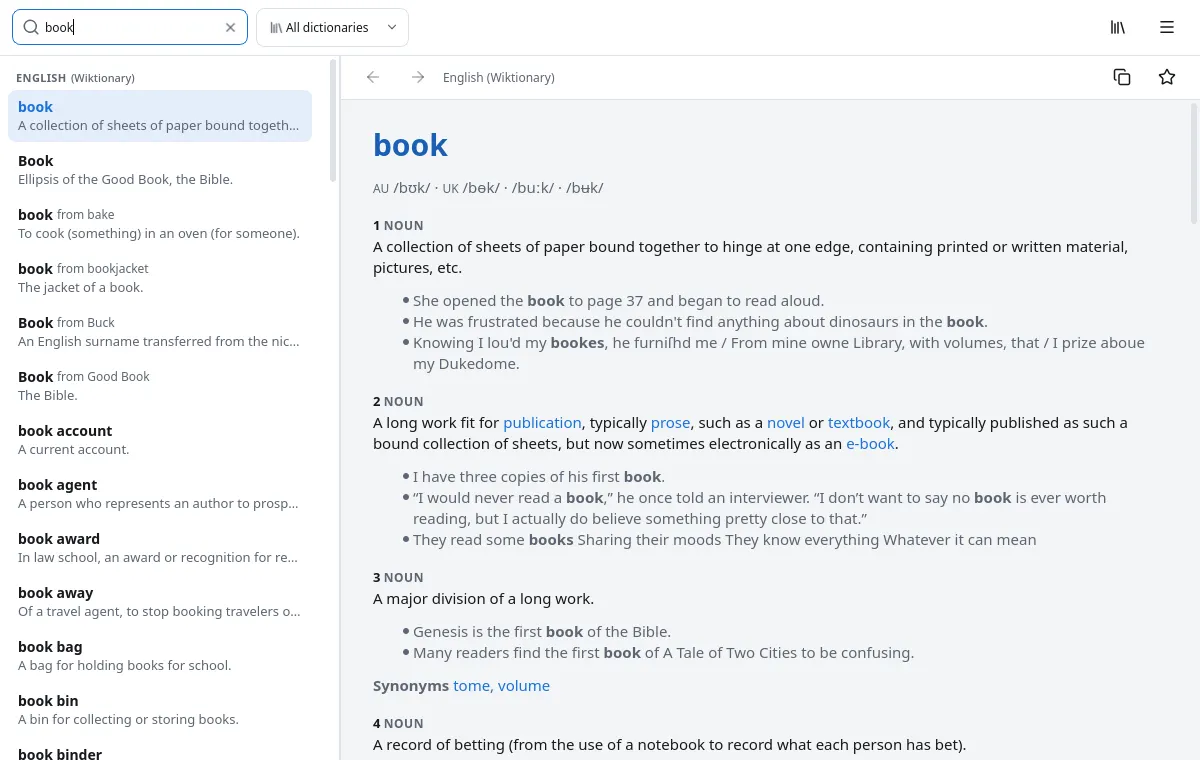 Look a word up: results as you type, grouped by dictionary