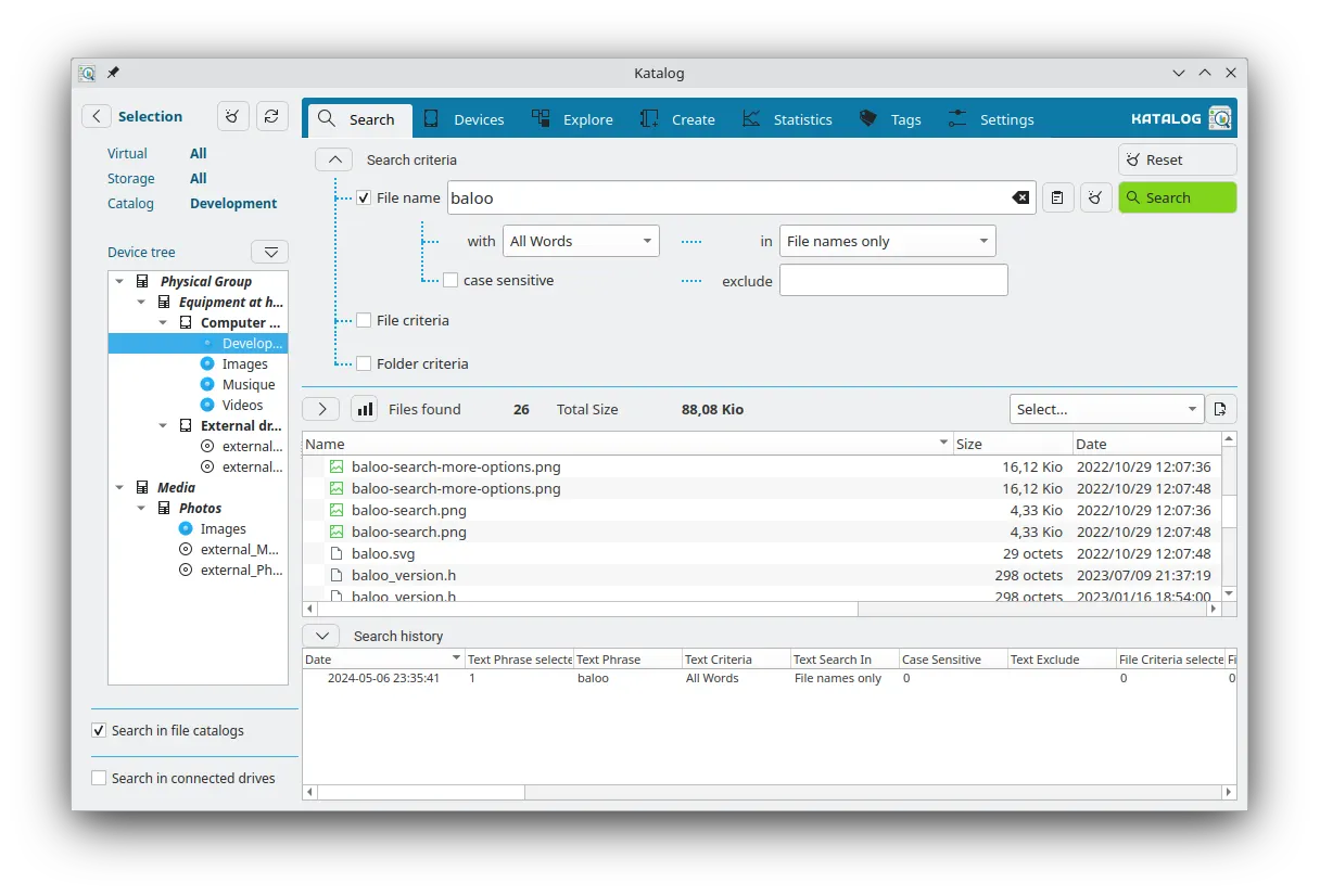 Main interface showing a Search operation