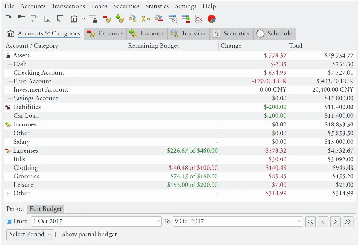 The main window with accounts and categories visible