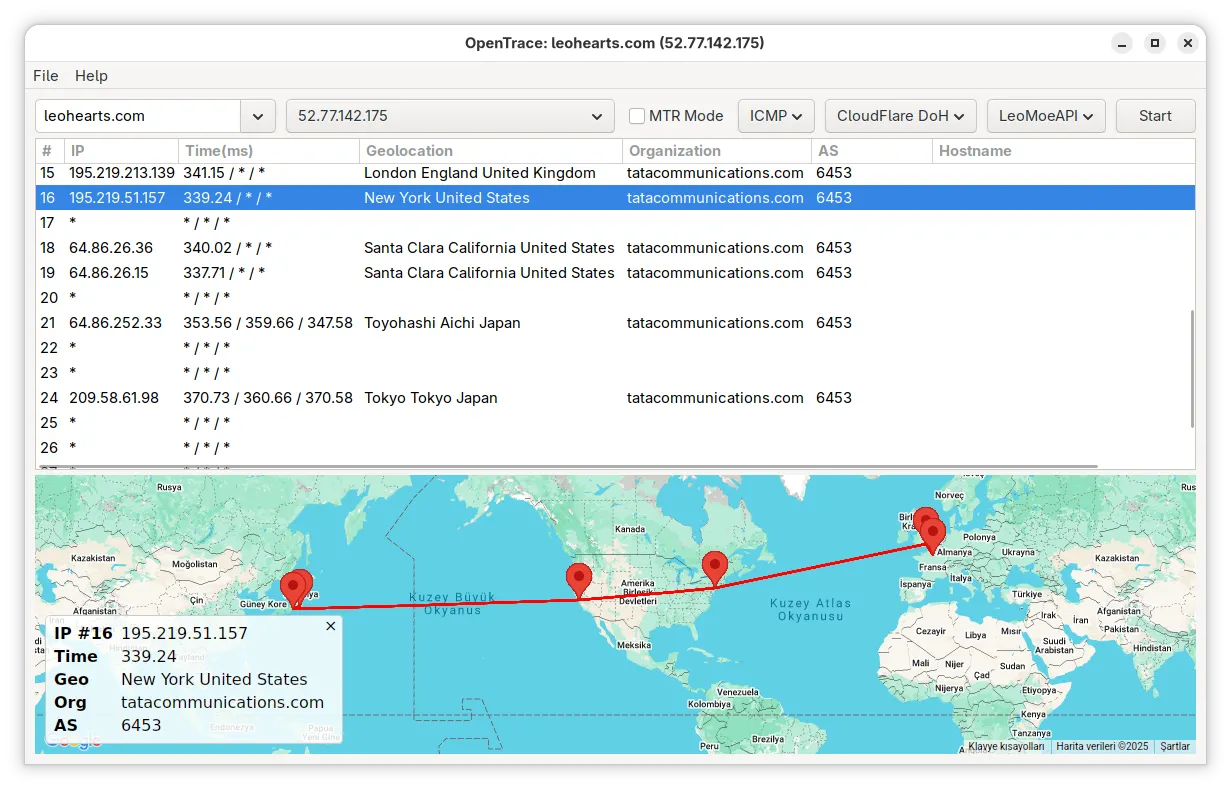 Main OpenTrace interface with a traceroute map and hop details