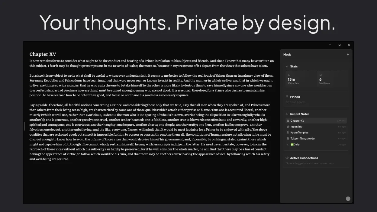 Three-panel layout with note tree, editor, and writing stats
