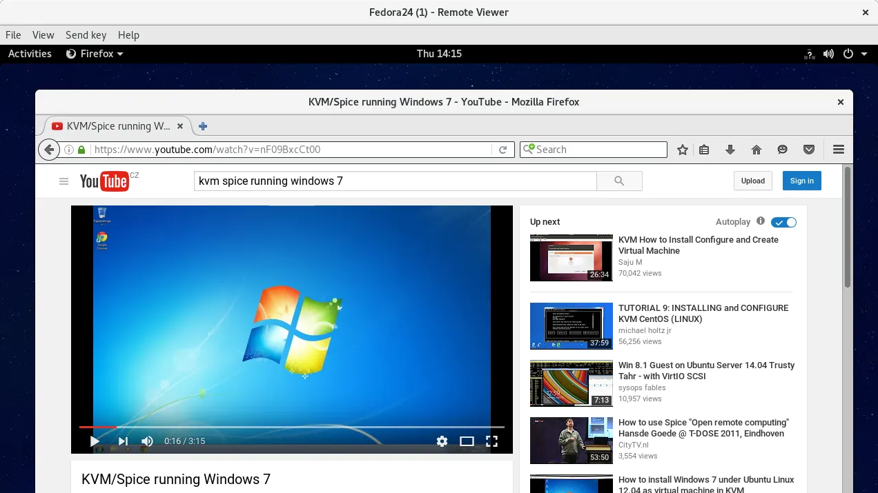 Virt viewer connected to a remote Fedora Workstation desktop with Firefox open