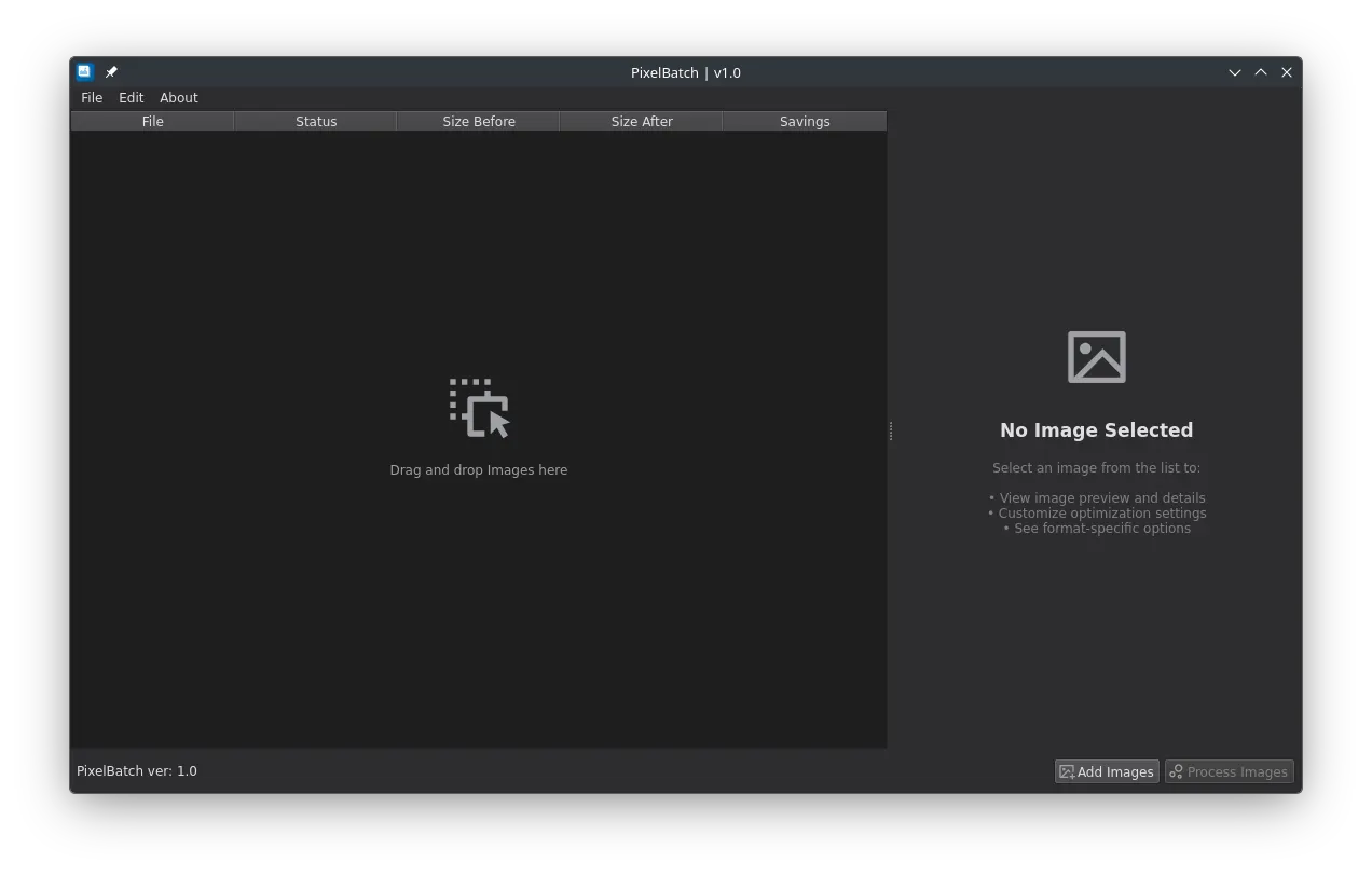 Main interface with batch image optimization