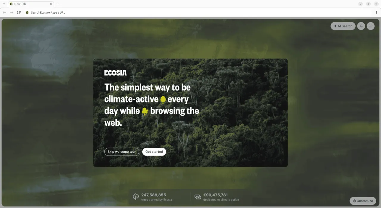 Welcome page of Ecosia