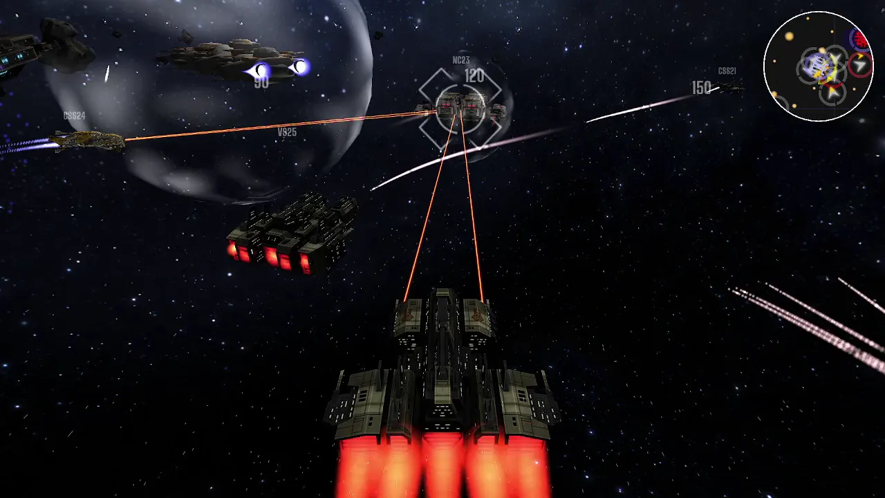Main screen view from a cruiser during a large battle.